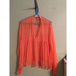 Cloe Cassandro  Women's Sheer Silk  Tasseled Blouse One Size Orange Polka-Dot